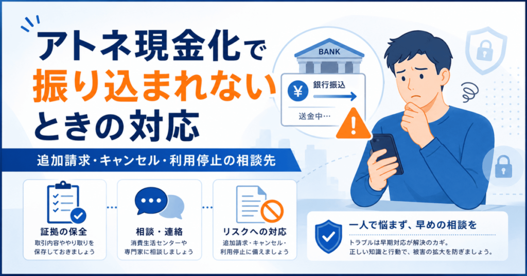 アトネ現金化で振り込まれないときの対応|追加請求・キャンセル・利用停止の相談先